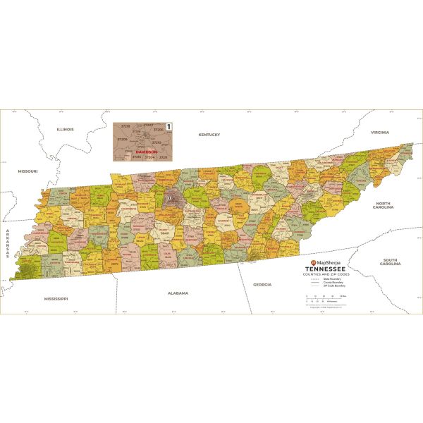 Tennessee ZIP Code Map with Counties - Large Map | Stanfords
