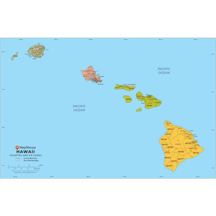地図・旅行ガイド GOGO HAWAII Hawaii ZIP Code Map with Counties - Extra Large | Stanfords