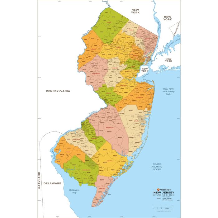 New Jersey ZIP Code Map with Counties Standard Stanfords