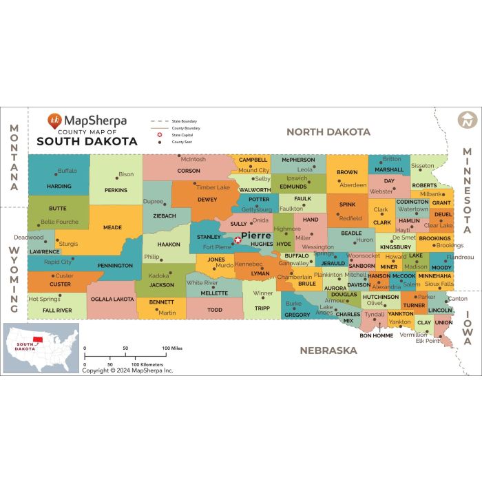 South Dakota Counties Map Large Stanfords South Dakota Counties Map Large