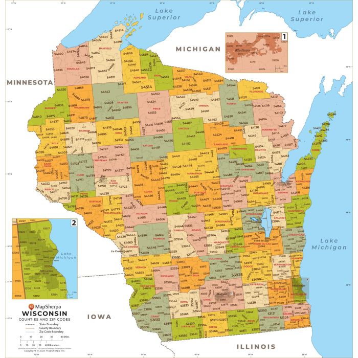 Wisconsin ZIP Code Map with Counties - Standard | Stanfords