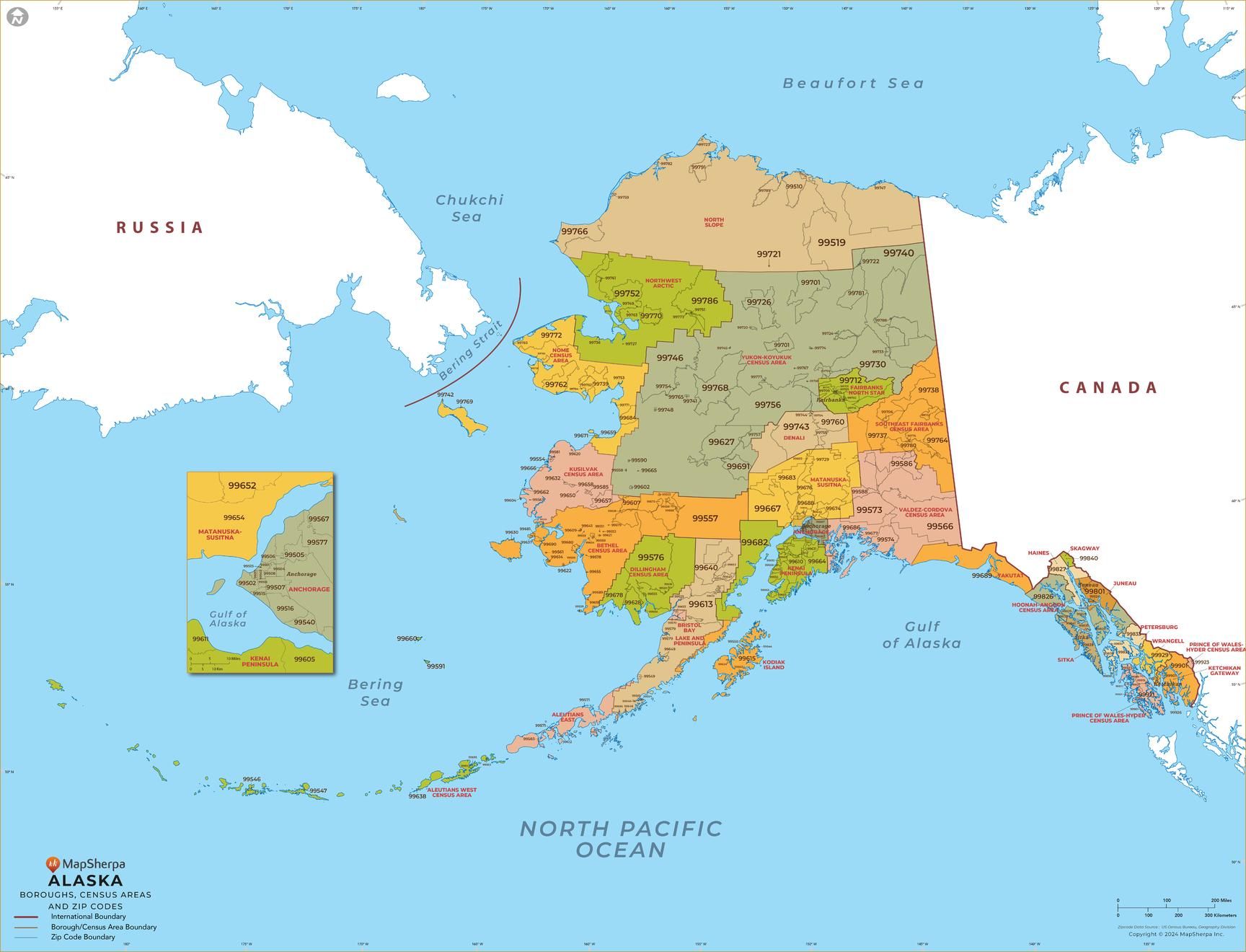 Alaska ZIP Code Map with Boroughs and Census Areas (Counties