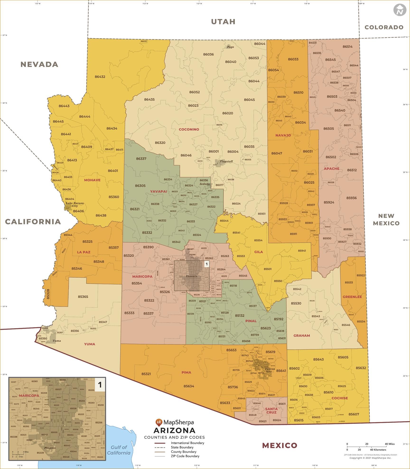 Arizona ZIP Code Map with Counties - Standard | Stanfords