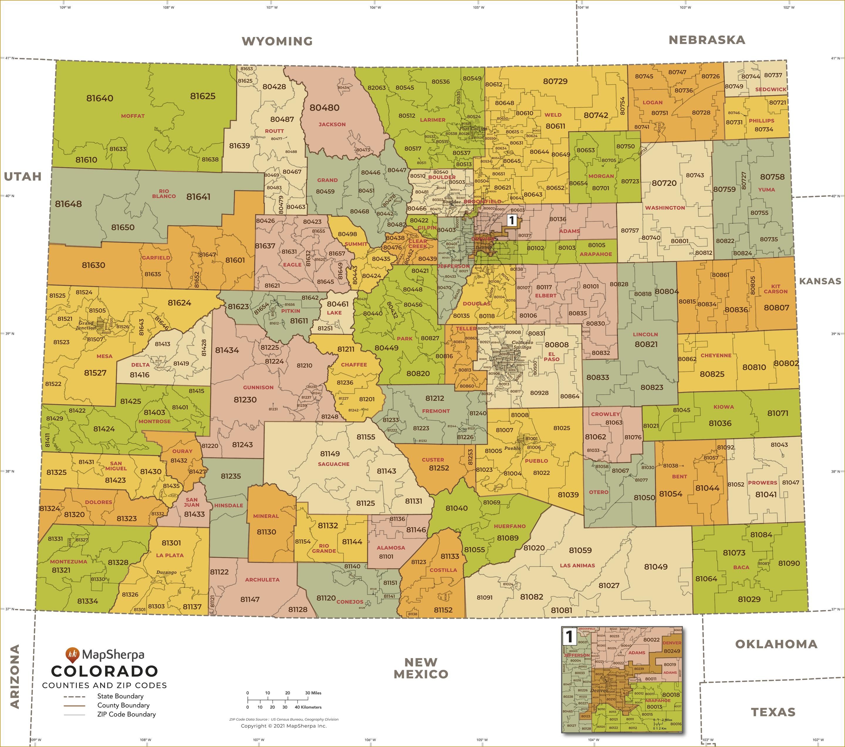 Colorado ZIP Code Map with Counties - Extra Large | Stanfords