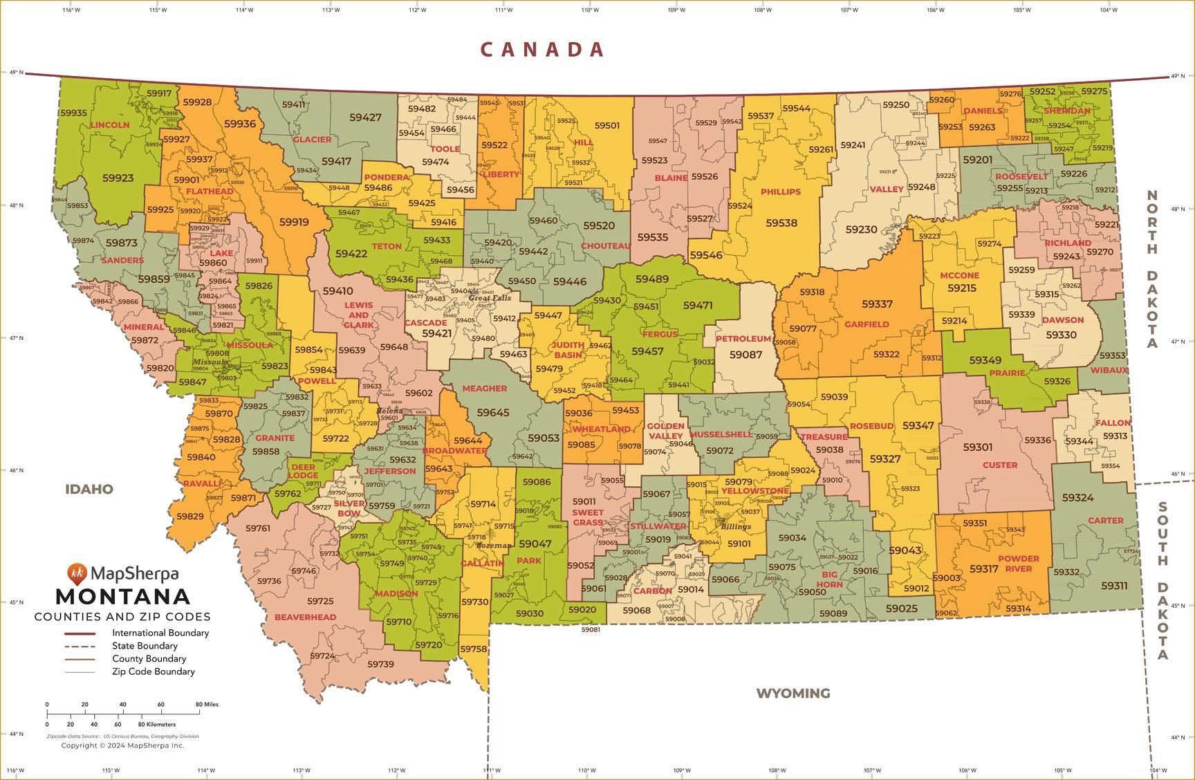 全国送料無料・イイ店 Montana ZIP Code Map with Counties - Standard | Stanfords その他