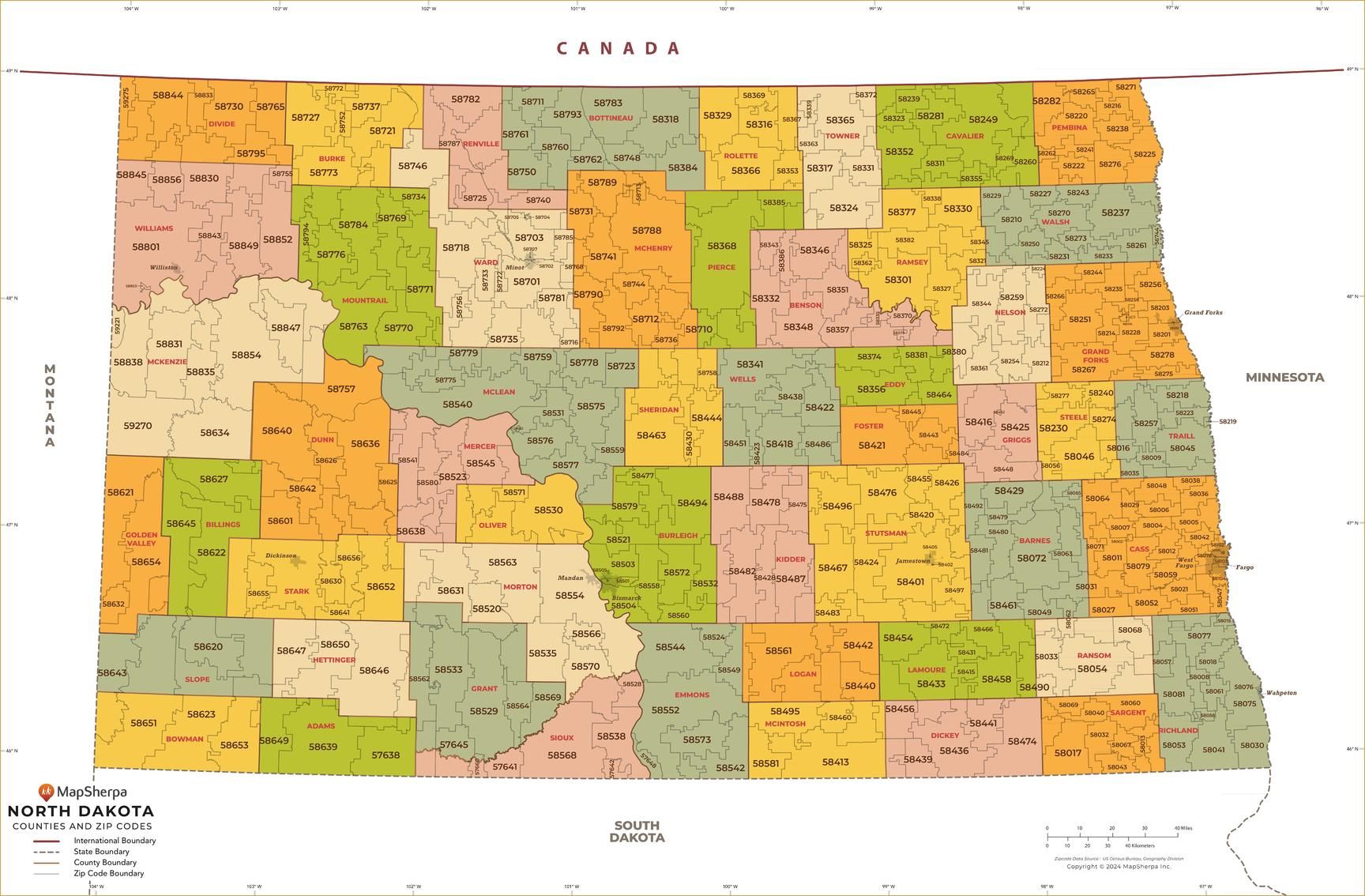 North Dakota ZIP Code Map with Counties - Extra Large