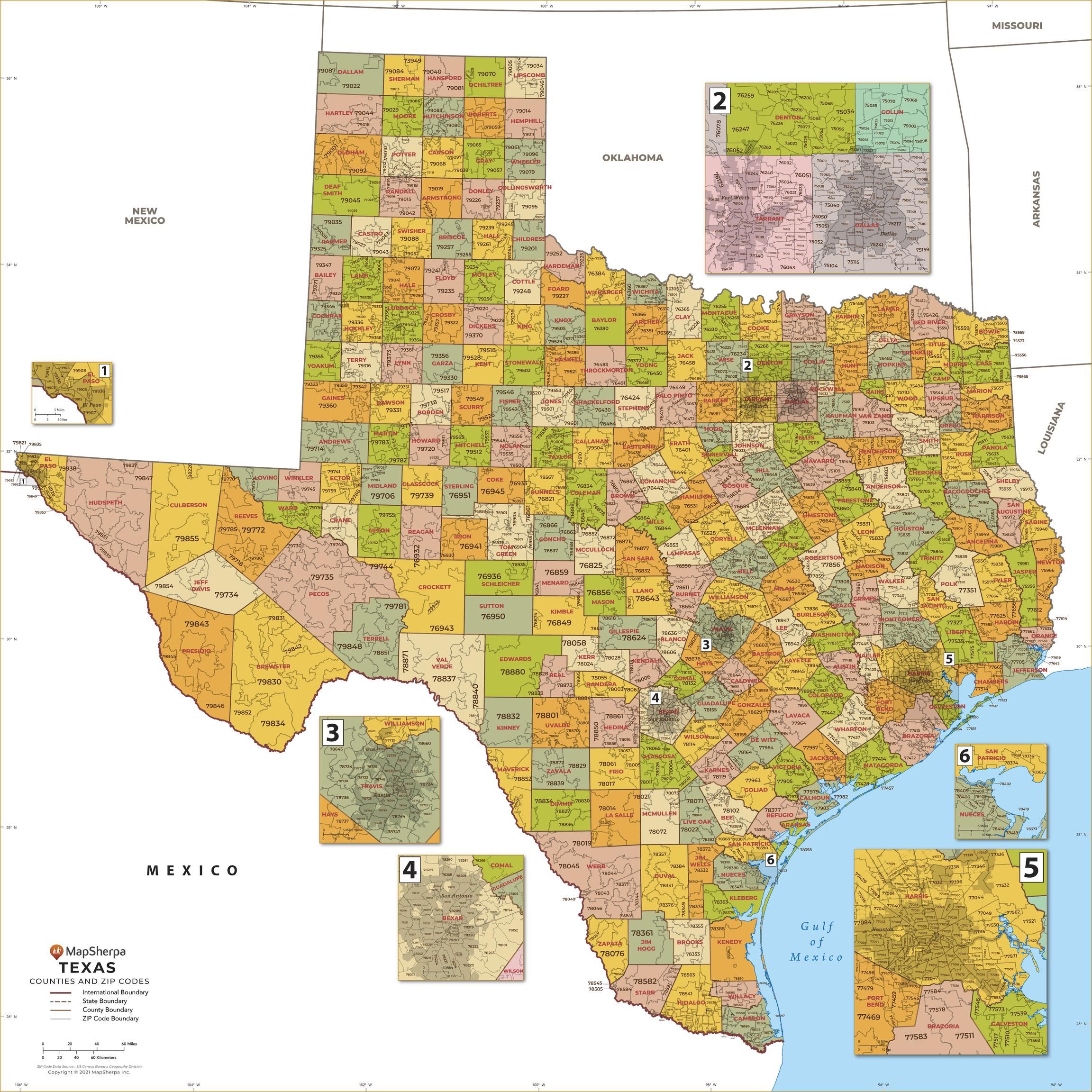 Texas ZIP Code Map with Counties - Large Map | Stanfords